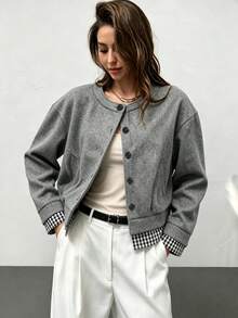 RiviMae Women's Autumn/Winter Elegant Round Neck Short Solid Color & Plaid Patchwork Open Jacket Coat, Suitable For Daily Wear And Commuting, Minimalist - Grey - View 4