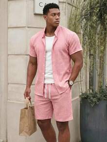 Manfinity EZcore Men's Plus Size Summer Pink Casual Solid Color Short Sleeve Shirt And Shorts Set,Beach Party Pool Holiday Vacation Hawaii Tropical Swim Bathing Outfit - Pink - View 4