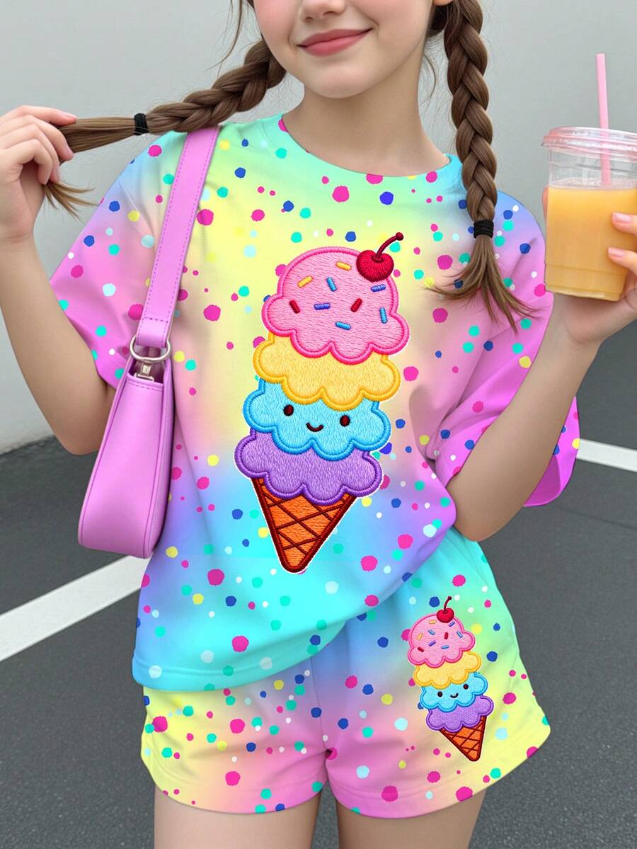 Tween女孩休閒極簡可愛夏季冰淇淋圖案,彩色波點紮染印花,甜美奶油風,度假風,短袖短褲兩件套,適合夏季,圖案,舒適,女孩套裝,Y2K,Kawaii - 彩色 - 查看 1