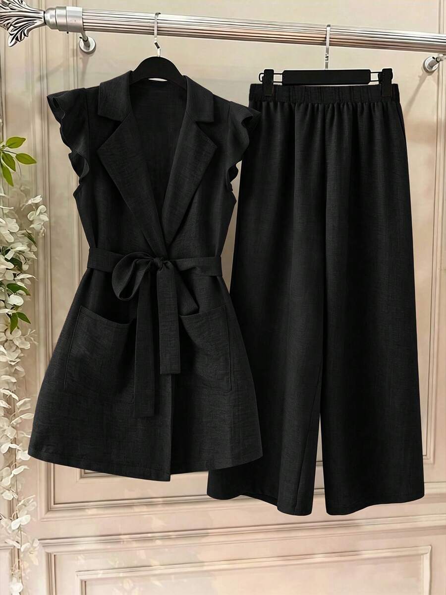 Linhara Plus Size Women's Casual Versatile Minimalist Fashion Lapel Tie Ruffle Sleeve Pocket Decor Shirt And Simple Versatile Elegant Long Pants Set - Black - View 1