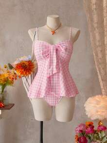 Swim Mod Conjunto de 2 piezas de ropa de playa para mujer primavera/verano, top de tirantes ajustables con lazo y braguita de bikini, estampado aleatorio de cuadros en tonos pastel multicolor, estilo moderno, lindo y sexy, para vacaciones, playa, piscina y fiesta - Multicolor - Ver 4