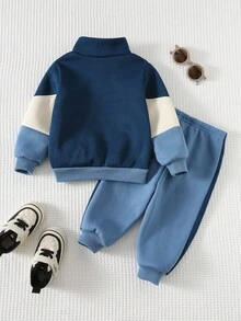 Kids Young Boy Casual Letter Print Colorblock Long Sleeve Sweatshirt And Sweatpants Set Back-To-School Winter Vacation Comfortable Cute Street - Royal Blue - View 3