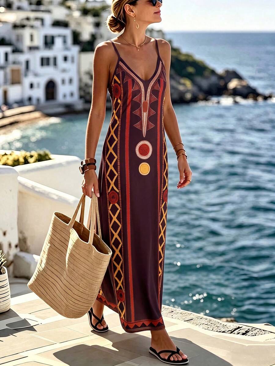 Selamara 女款幾何印花休閒派對與旅行細肩帶洋裝 - 彩色 - 查看 1