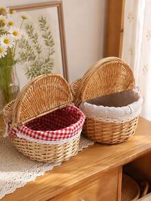 1pc Handwoven Wicker Picnic Basket – Double Lid Storage Hamper With Handle, Natural Willow Fruit Basket For Camping, Shopping, Wedding Decor, Farmhouse Storage - multicolor - View 2
