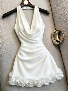 SHEIN Franclia French Sexy Cowl Neck Backless Draped Neck Sleeveless Short Dress For Women - White - View 1