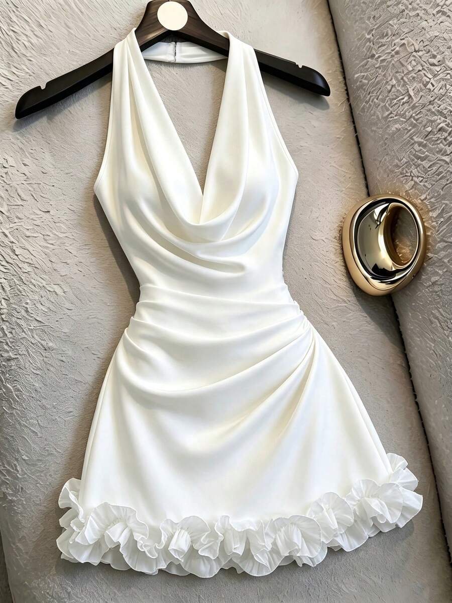 SHEIN Franclia French Sexy Cowl Neck Backless Draped Neck Sleeveless Short Dress For Women - White - View 1
