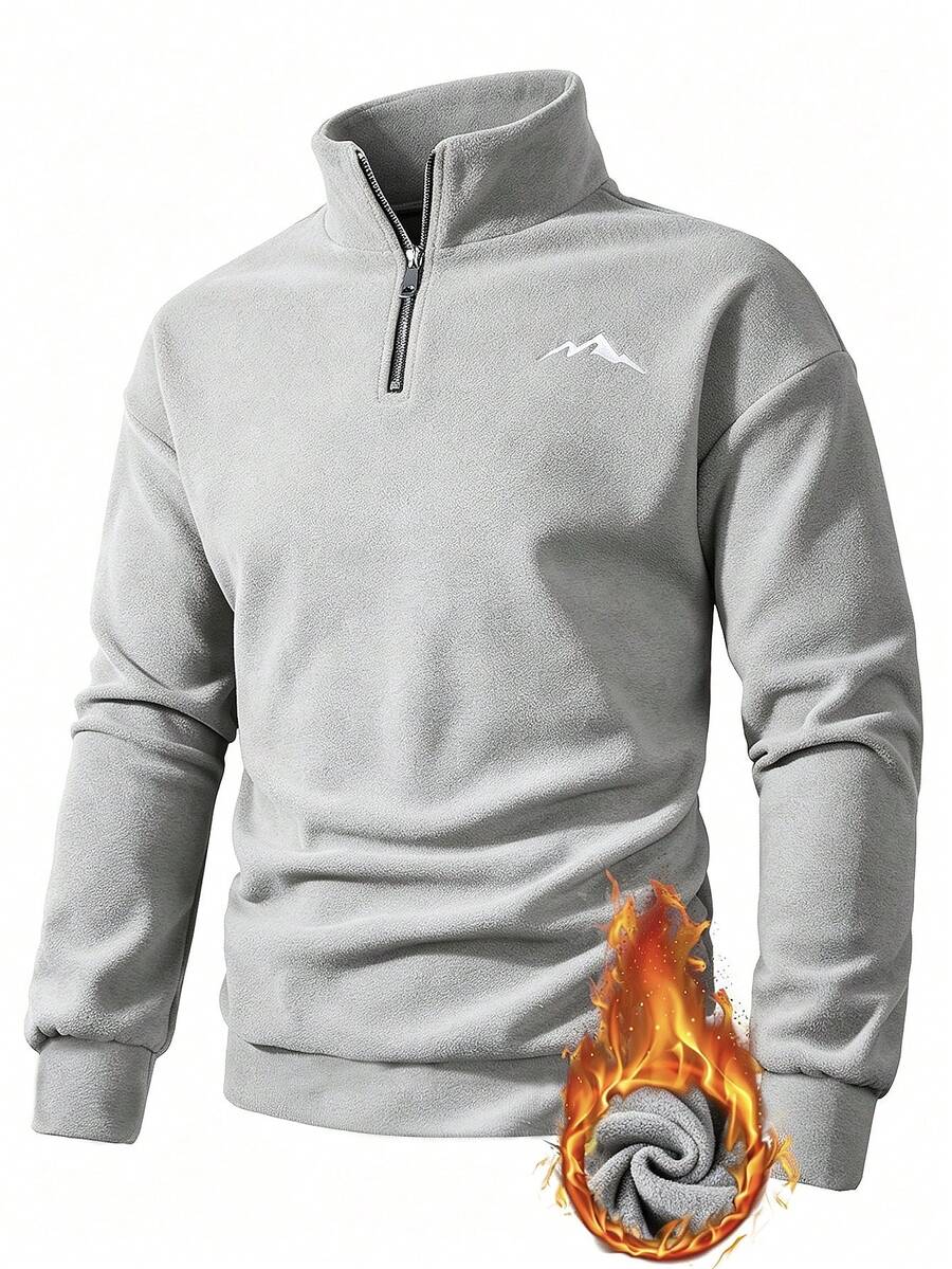 Manfinity Homme 男士山脈刺繡長袖拉鍊設計保暖休閒套頭運動衫 - 灰色 - 查看 1