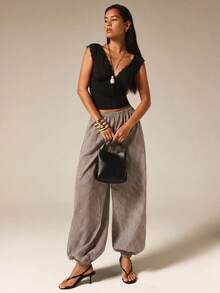 COSMINA Damen Lässige Elegante Schwarz-Weiß Karierte Lange Hose, Farbblock Lange Hose - Kaffeebraun - Übersicht 3