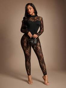 Radiana Sexy einzigartiger transparenter Mesh-Patchwork-Jumpsuit, Spitzen-Patchwork-Jumpsuit, schwarzer enger Jumpsuit, hoch-elastischer Strick-Jumpsuit, geeignet für Alltag, Nacht, Nachtclub, Club, Bar, Nachtclub, Festival, Party, Karneval, Musikfestival, Konzert, Halloween - Schwarz - Übersicht 4