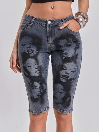 Y2K Shorts de mezclilla ajustados de cintura ultra baja con estampado de retrato de chica hot estilo callejero para vacaciones de verano