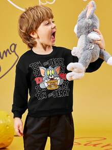 TOM & JERRY X SHEIN سترة رياضية للصبي مضفرة بشكل رسم كرتوني وبطبعة حرف، بياقة واسعة منسدلة، مناسبة للربيع والخريف - الأسود - مشاهدة 5