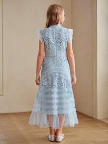 Anewsta Girls' Spring/Summer New Light Blue Lace A-Line Dress, Short Sleeve Tween Girl' Dress - Blue - View 7