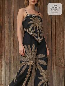 CAJUNI 度假休閒椰子樹刺繡細肩帶背心與長褲套裝 - 黑色 - 查看 1