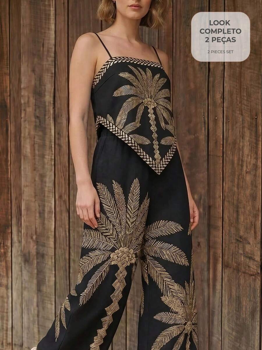 CAJUNI 度假休閒椰子樹刺繡細肩帶背心與長褲套裝 - 黑色 - 查看 1