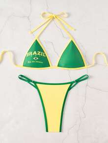 Sirith Bonvoyette Summer Beach Deep V Contrast Color Brazilian Element Sexy Bikini Swimwear Set - Green - View 4