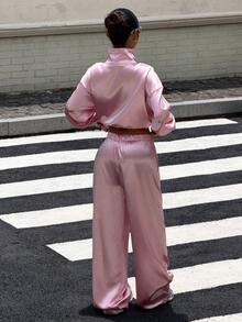 Muchica 女款柔粉色緞面青蛙鈕扣夾克寬腿褲套裝，秋季優雅街頭風休閒運動 Y2K 度假派對日常外出旅行穿搭 - 粉色 - 查看 2
