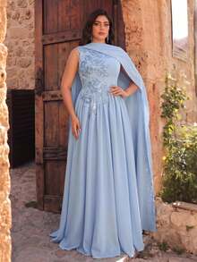 Aureia Vestido de noche elegante y romántico de talla grande, azul con lentejuelas, bordado, técnica de quemado, cuello redondo, sin mangas, cintura acampanada, bajo fruncido y holgado, adecuado para fiesta de noche, cita, baile, vacaciones, invitada de boda, vestido de gala con trabajo pesado - Celeste - Ver 4