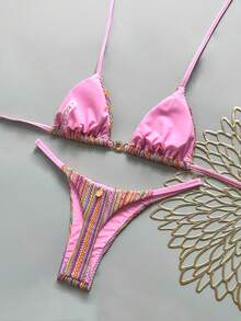 Swim Mod Women's Spring/Summer New Special Fabric Metal Decor V-Neck Halter Backless Triangle Studded Bikini Swimsuit 2-Piece Set - Pink - View 2