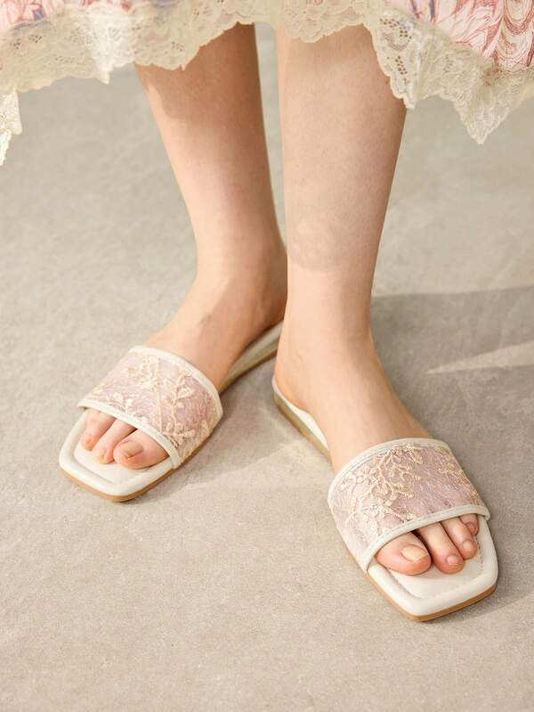 MOTF WOMEN'S SQUARE TOE FLOWER LACE EMBROIDERED FLAT SANDALS, LIGHT, SOFT AND COMFORTABLE, BREATHABLE MESH FABRIC, EASY TO WEAR AND TAKE OFF, SUITABLE FOR