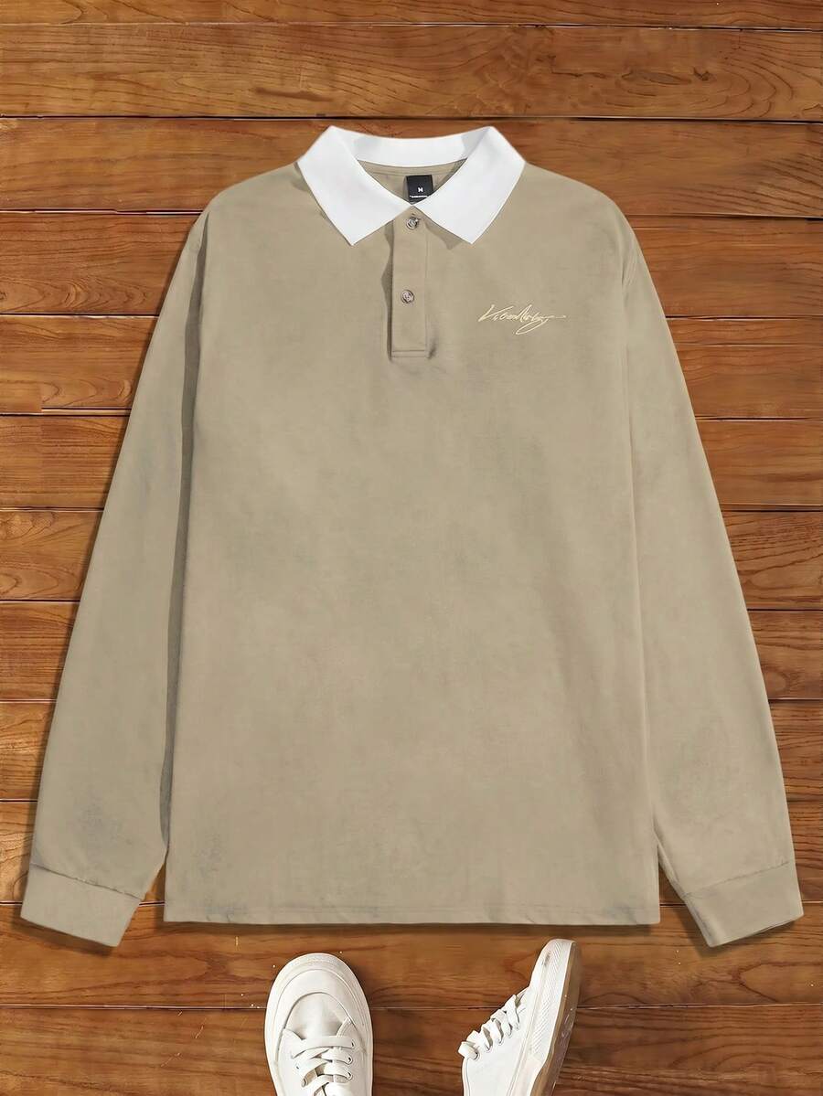 HIMLAND 男士對比領字母印花 Polo 衫 - 卡其色 - 查看 1