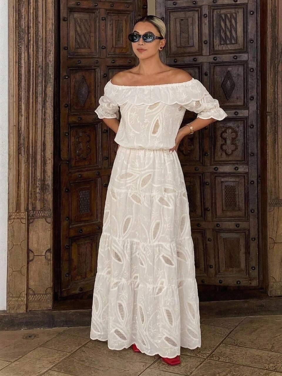 Summer Autumn Off-Shoulder Short Sleeve Loose Long Layered Skirt Vacation Style Women 2 Pieces Set
