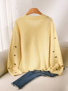 CosyJoli Plus Size Elegant French Style 3D Polka Dot Knit Cardigan Sweater Yellow Autumn/Winter Top For Women - Yellow - View 3