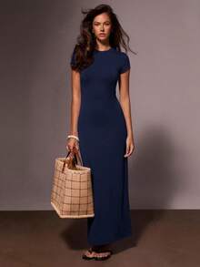 Athîral 女款休閒針織純色長短袖圓領洋裝，休閒修身長洋裝，日常休閒穿著，約會與派對穿搭 - 寶藍色 - 查看 3