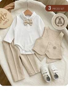 Newborn Baby Boy 3pcs Preppy Cute Casual Vest, Pants & Bow Tie Romper Set - Beige - View 3