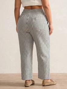 SHEIN PETITE CURVE 大尺碼女款休閒條紋鬆緊腰長褲 - 黑與白 - 查看 7