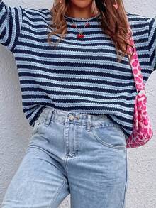 SHEIN LUNE Women's Blue Striped Slouchy Crew Neck Loose Knit Slimming Versatile Long Sleeve T-Shirt - Multicolor - View 3