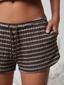 WESTFADE Cute Mid Rise Tie Front Textured Knit Lounge Striped Mini Short, Casual Fall Autumn Winter, Lounge, Country Look, Cowgirl, Western, Back To School - Brown - View 3