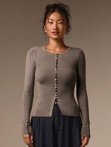 COSMINA Women's Casual Elegant Agate Button Light Brown Knit Top - Coffee Brown - View 3