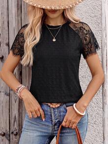 EMERY ROSE Camiseta de moda para mujer de unicolor con inserción de encaje en contraste y manga corta - Blanco - Ver 7