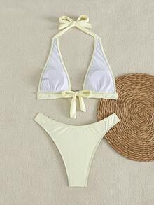 Swim Vcay 新款女款純色比基尼套裝，掛脖綁帶露背海星裝飾高腰三角褲兩件式泳衣，適合海灘度假 - 米色 - 查看 2