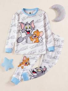 TOM & JERRY X SHEIN 2件套小男孩卡通图案撞色圆领长袖上衣和裤子休闲弹力舒适睡衣套装 - 藍白色 - 查看 1
