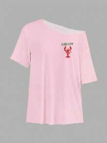 SHEIN EZwear 休閒極簡露肩落肩短袖寬鬆女款T恤，度假、海灘、夏季穿搭、街頭風，適合日常通勤、約會、派對、秋冬/夏季、婚禮、畢業典禮、優雅休閒外出、Y2K、音樂節穿搭，紅色蕾絲上衣，Grunge風 - 白色 - 查看 8
