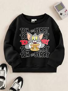 TOM & JERRY X SHEIN سترة رياضية للصبي مضفرة بشكل رسم كرتوني وبطبعة حرف، بياقة واسعة منسدلة، مناسبة للربيع والخريف - الأسود - مشاهدة 1