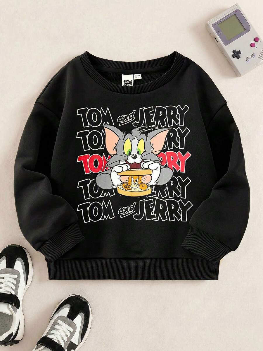 TOM & JERRY X SHEIN سترة رياضية للصبي مضفرة بشكل رسم كرتوني وبطبعة حرف، بياقة واسعة منسدلة، مناسبة للربيع والخريف - الأسود - مشاهدة 1