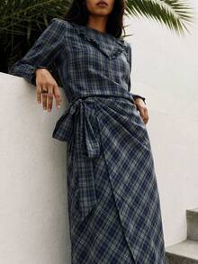 Nöista Green Plaid Blouse And Wrap Skirt Set. Fall, Office Wear, Dinner Plans And Elegant Style. - Green - View 6