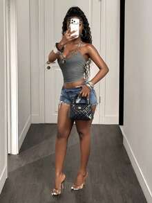 BamGleam Women's Sexy Metal Decor Halter Tank Top - Grey - View 7