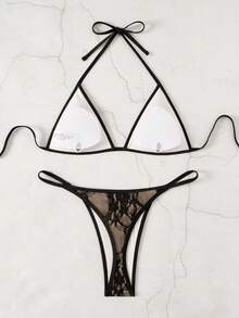 Bonvoyette Summer Beach Deep V Lace Sexy Lace-Up Bikini Swimwear Set - Black - View 3