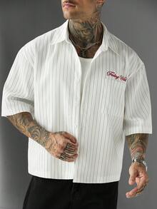 SLATEMANN Men's Letter Embroidered Striped Short Sleeve Casual Shirt - White - View 2