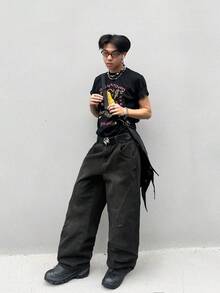Manfinity EMRG 男士時尚純色寬鬆休閒牛仔褲 - 黑色 - 查看 4