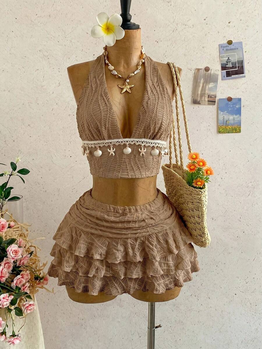 Soleia 女款素色掛脖露背上衣與多層荷葉邊裙 2 件套 - 卡其色 - 查看 1