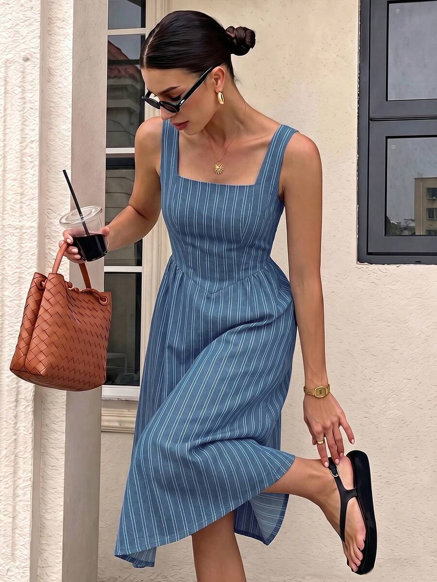 Siren Gaze 女款中長洋裝，休閒極簡度假波希米亞優雅浪漫復古條紋深藍色，女款正式洋裝，通勤洋裝，女款通勤穿搭，音樂節，海灘穿搭，度假穿搭，女款夏季穿搭 - 彩色 - 查看 1