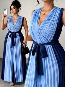 SHEIN Elenzya Women's Plus Size Colorblock Blue Pleated Jumpsuit, Suitable For City Commute Style - Blue - View 3