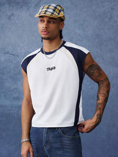 PAVTROS Men's Colorblock Patchwork Letter Print Tank Top