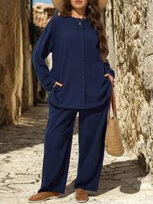 EMERY ROSE Plus Size Women Solid Color Single-Breasted Long Sleeve Top And Pants Casual Elegant Everyday 2 Pieces Set Autumn Outfit Navy Blue Fall Lounge Formal - Navy Blue - View 9