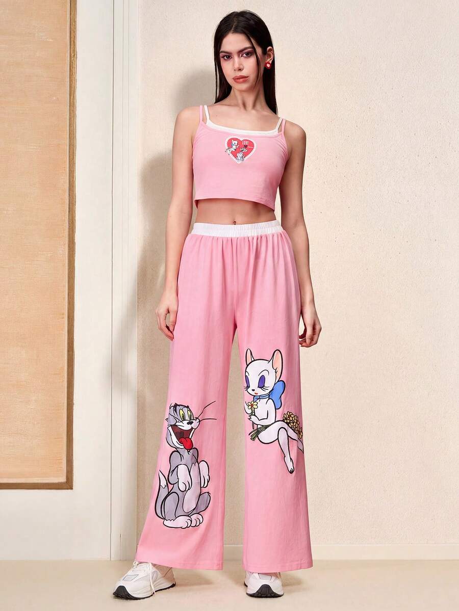 TOM & JERRY X SHEIN 女士休闲粉色可爱卡通趣味猫咪印花吊带二合一背心和裤子两件套,春夏舒适运动装 - 粉色 - 查看 1