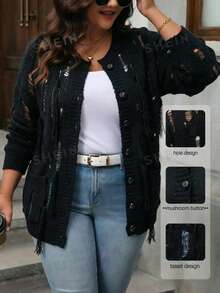 EMERY ROSE Plus Size Women's Solid Color Casual Versatile Daily Wear Cardigan - Black - View 8